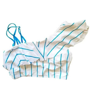 M DRESSFO blue and white one shoulder striped bikini top Size 6